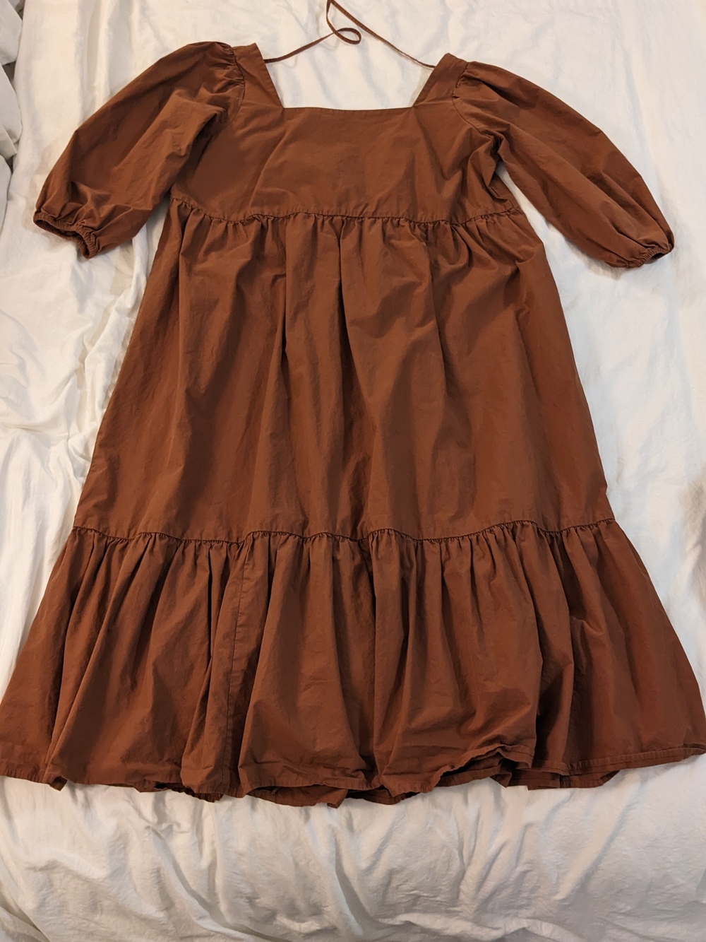 OAK + FORT Rust Brown Puff-Sleeve Midi Dress